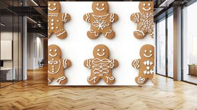 Six gingerbread men, each uniquely decorated with white icing patterns. They are arranged in a 2x3 grid on a transparent background. The gingerbread men vary in design, with some having dots for eyes Wall mural