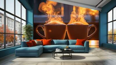 two steaming cups of coffee on a wooden table. The cups are placed on the table and are of equal size. The cups are white in color. The steam from the coffee forms two heart-shaped clouds Wall mural