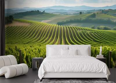 vineyard in the morning, panoramic view of a lush vineyard, with rows of grapevines stretching into the distance against a backdrop of rolling hills Wall mural