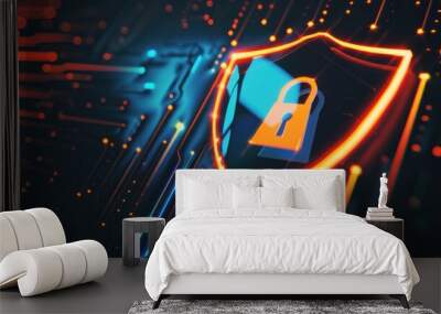 Cybersecurity Shield with Glowing Lock Wall mural