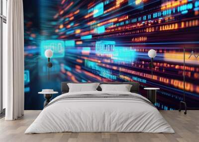 Digital Abstract Background with Binary Code and Blue Lights Wall mural