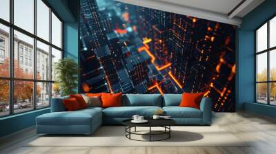 futuristic cityscape with shining holographic blocks, Abstract Cube Background Wall mural