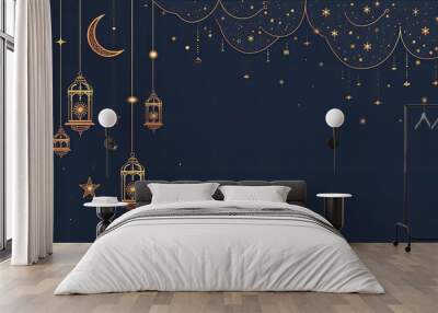 Ramadan Kareem. Eid Al-Fitr. Glowing lanterns on a blue background. Luxurious gold moon with Islamic ornaments. Wall mural