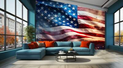 american flag and stars, vintage style, faded  Wall mural