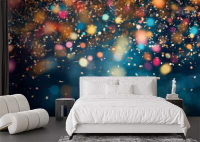 celebration confetti and glitter exploding in vibrant colors, shiny and sparkles, blue gold and purple tones Wall mural