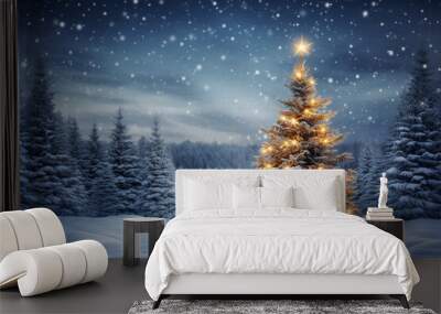 Christmas and winter holiday marketing background, with winter and christmas tree themes, christmas ornaments and presents, snowy vibes. Wall mural