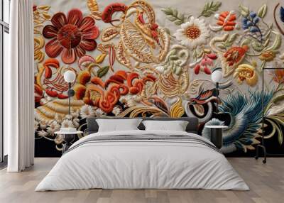 close up of embroidered flowers on a light cream silk fabric, floral and vibrant colors Wall mural