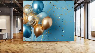 Holiday background with golden and blue metallic balloons, confetti and ribbons Wall mural