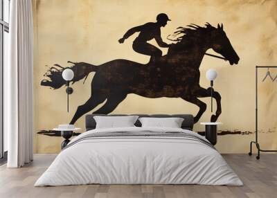 illustrated vintage silhouette of a jockey on their horse Wall mural