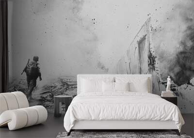 Realistic Charcoal Drawing of Soldiers on a War Torn Battlefield with Smoke Wall mural