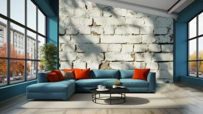 Sunlit White Brick Wall with Shadows and Texture Wall mural