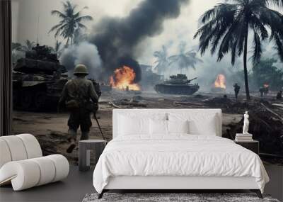 vietnam war soldiers and tank with burning debris and smoke, color film style  Wall mural