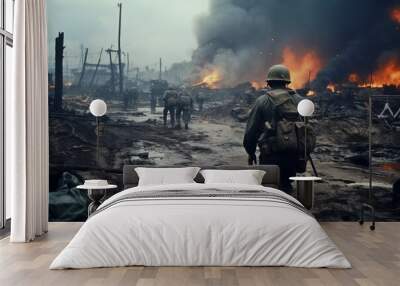 vietnam war soldiers and tank with burning debris and smoke, color film style  Wall mural