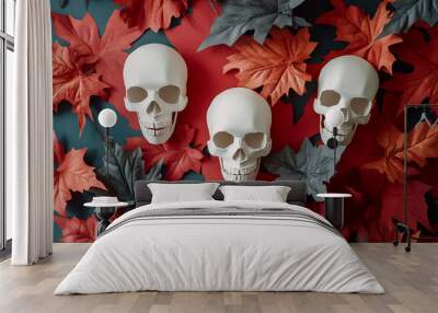 White Skulls Surrounded by Red Autumn Leaves for Halloween Decor Wall mural