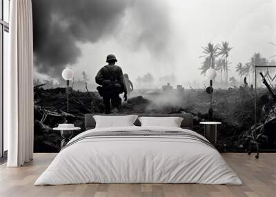 World War Two solider on island, black and white film style Wall mural