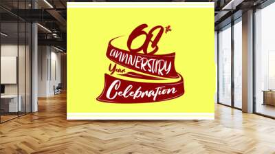 68 year anniversary Red Ribbon, minimalist logo, greeting card. Birthday invitation. Red space vector illustration on yellow background - Vector Wall mural