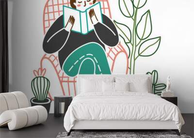 Woman at home reading a book in chair. Girl sitting in chair reading interesting book, or studying. Crazy plant lady. Vector illustration isolated on white background.  Wall mural