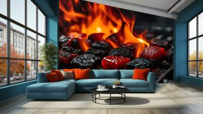 Minimalist fiery red hot coals in a grill close up in a dark gradient background. Wall mural