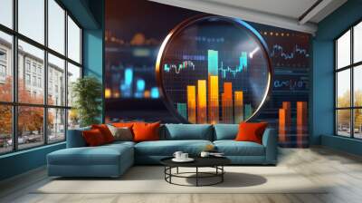 Magnifying glass search of investing and stock market over a graph chart background.Ai generative illustration. Wall mural