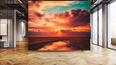 Background of colorful sky concept: Dramatic sunset with twilight color sky and clouds Wall mural