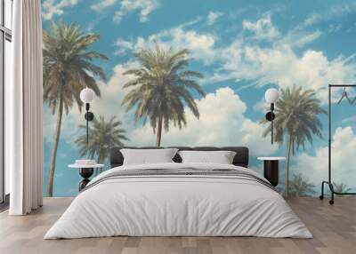 Blue sky and palm trees view from below, vintage style, tropical beach and summer background, travel concept Wall mural