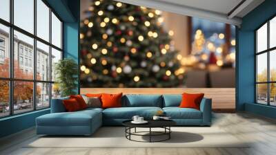 empty woooden table top with abstract warm living room decor with christmas tree,holiday backdrop, m Wall mural