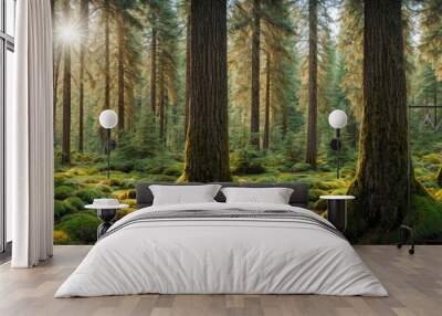 Healthy green trees in a forest of old spruce, fir and pine Wall mural