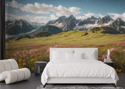 Idyllic mountain landscape in the Alps with blooming meadows in springtime Wall mural