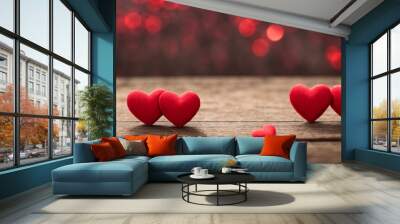 Valentines day background with red hearts on wooden background Wall mural