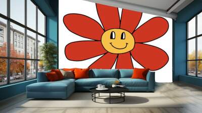 Groovy Smiley Flower with 
Hippie . Positive 70s retro smiling daisy flower print. Wall mural