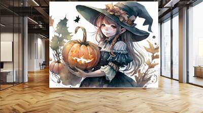 Watercolor witch with pumpkin for Halloween. Generative AI. Wall mural