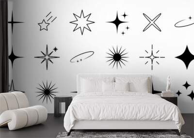 Retro futuristic sparkle icons collection. Set of star shapes. Abstract shine symbols, Y2k elements. Perfect for design posters, projects, banners, logo. Vector illustration Wall mural