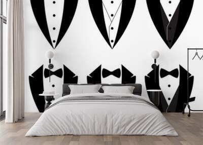 Tuxedo set with bow ties. A symbol of service for men. The concept of a tuxedo with a bowtie. Butler Sign Gentleman. Waiter Costume. Groom's Tuxedo. Flat style vector illustration Wall mural