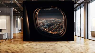 Bright lights from cityscape seen from plane window on a night flight. Travel concept of airplane transport. Generative AI. Wall mural