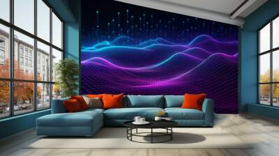 Metaverse wave background with connected digital graph blocks. Neon and blue background. Cyberspace, data science virtual reality concept. Generative AI. Wall mural