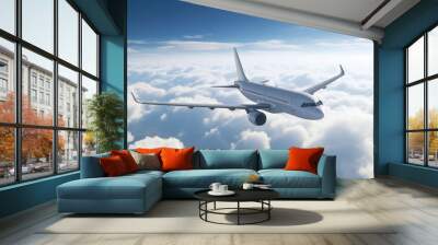 White airplane jet flying high above Cumulus clouds and blue sky. Generative AI. Wall mural