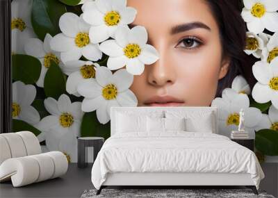 A Beautiful Woman surrounded and covered with white Flowers around her Face. Wall mural