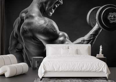 Muscular bodybuilder guy doing exercises with dumbbell Wall mural