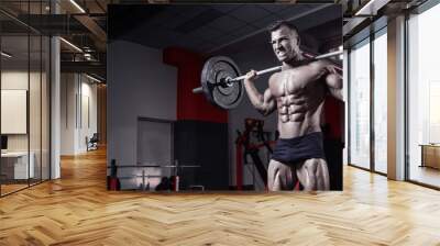 Muscular bodybuilder guy doing exercises with dumbbell Wall mural