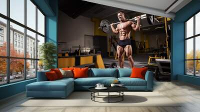 Muscular bodybuilder guy doing exercises with dumbbell Wall mural