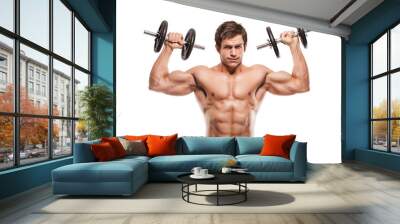 Muscular bodybuilder guy doing exercises with dumbbells over whi Wall mural