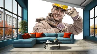 Young dirty Worker Man With Hard Hat helmet  .holding a hammer a Wall mural