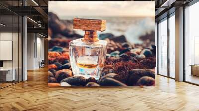 A golden transparent perfume bottle with drops on a wet pebble beach. Close-up. In the background, the sea surf is blurred. Perfume advertising concept Wall mural