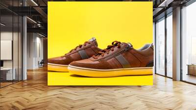 Pair of male's new sneakers made of brown leather on a yellow background. Copy space Wall mural