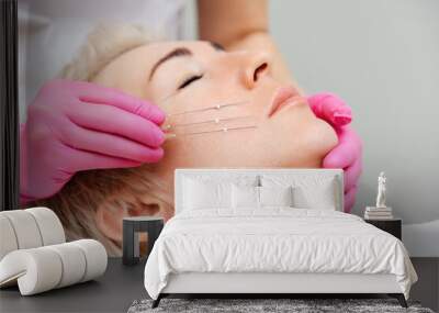 Thread lifting procediure. Professional cosmetologist in pink medical gloves holding needles near cheek. Close up face of adult pretty woman Wall mural