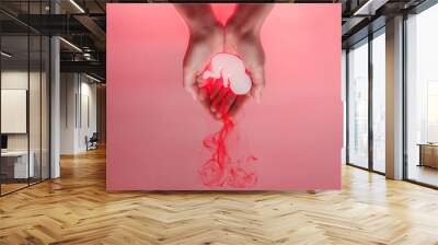 Womans palms pressed together and keep embryo. from paper .Red lood comes from the baby and looks like abortation. Hands are located at the top. Pink background Wall mural