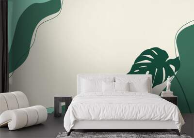 Beige vector background with green spots and stripes, as well as  a monstera leaf. Place for text Wall mural