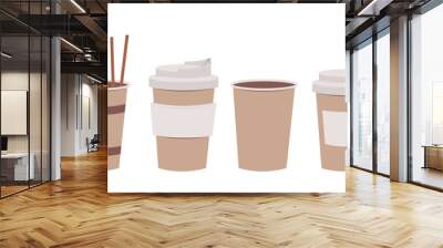 Isolated set of coffee cup paper containers take away with drinking straw in cartoon style with empty sticker. Wall mural