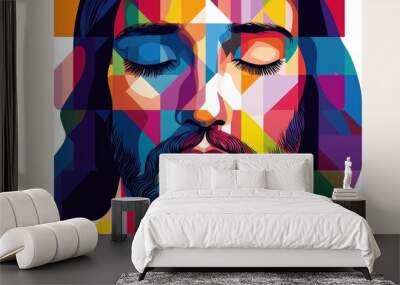 Abstract stained glass style Jesus Christ illustration with vibrant colors Wall mural