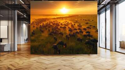 Aerial view of wildebeest herd migrating at sunrise in savannah Wall mural